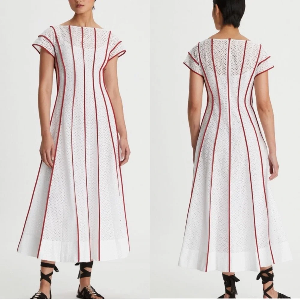 EUC Tory Burch White Eyelet Dress with Red Accents